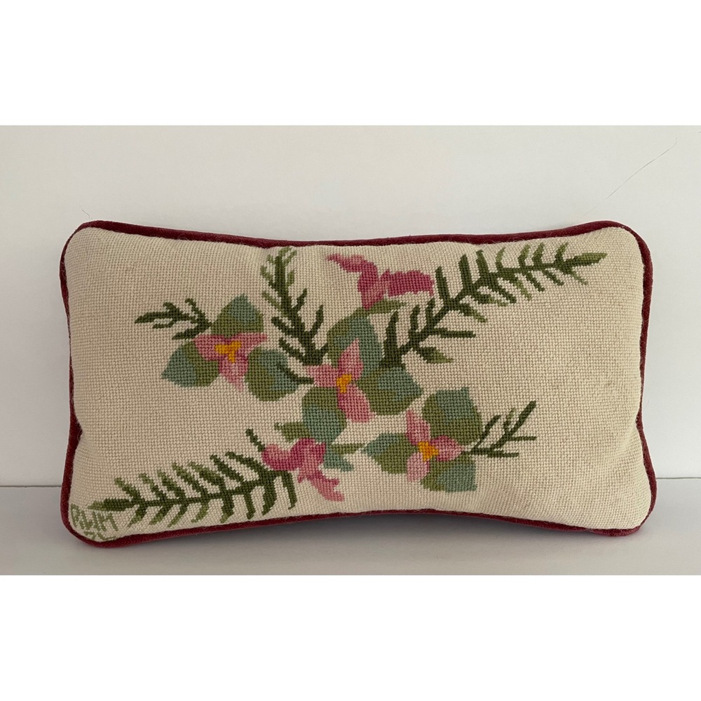 Vintage Handmade Pastel Floral Needlepoint Lumbar Pillow Burgundy Velvet Back
